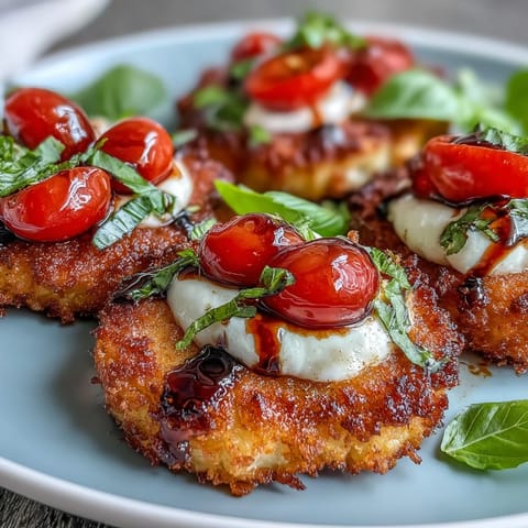 Golden crispy rice Caprese salad with juicy tomatoes and fresh mozzarella.