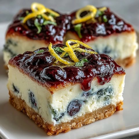 Bright no-bake lemon blueberry cheesecake bars ready to be sliced and served.