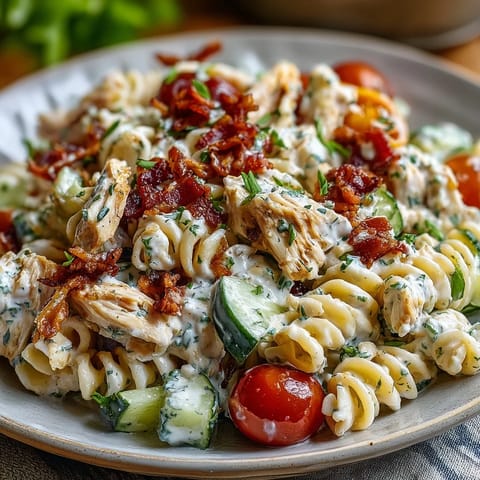 Creamy Chicken Bacon Ranch Pasta Salad: a hearty dish with chicken, crispy bacon, and cool, vibrant veggies.