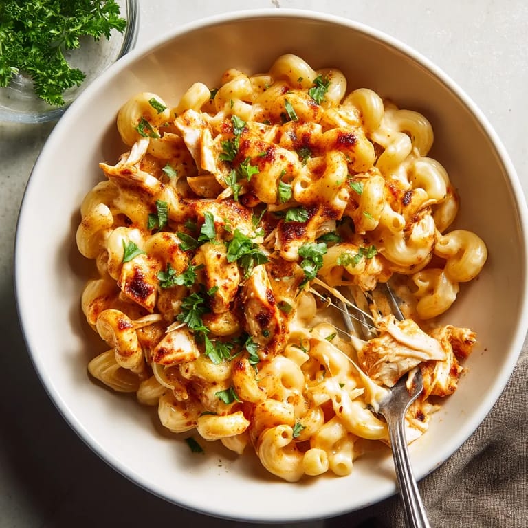 A bowl of pasta with chicken and vegetables.