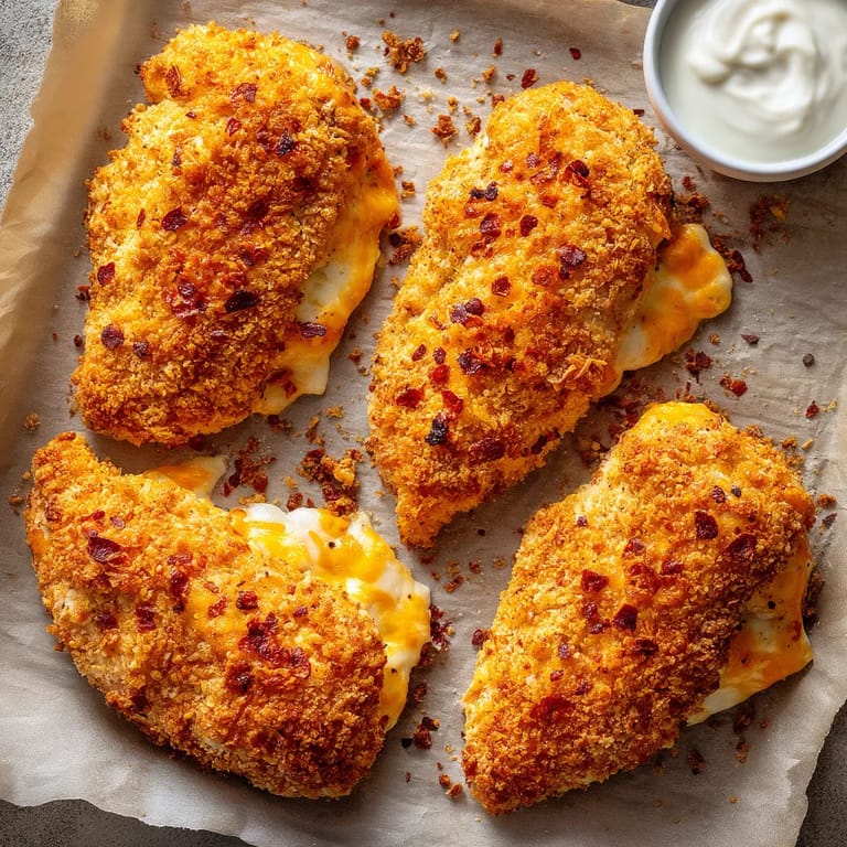 A plate of breaded chicken with cheese and bacon.