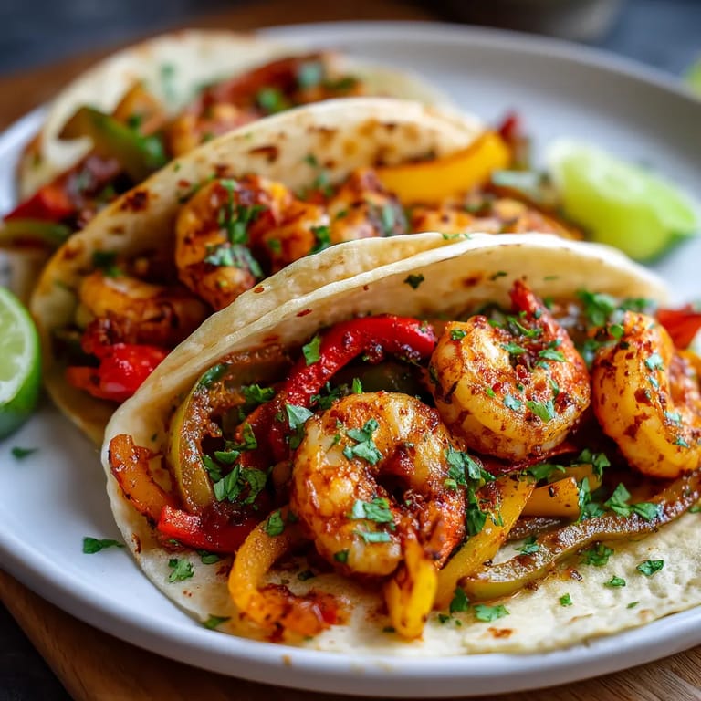 A plate of shrimp tacos with peppers and onions.