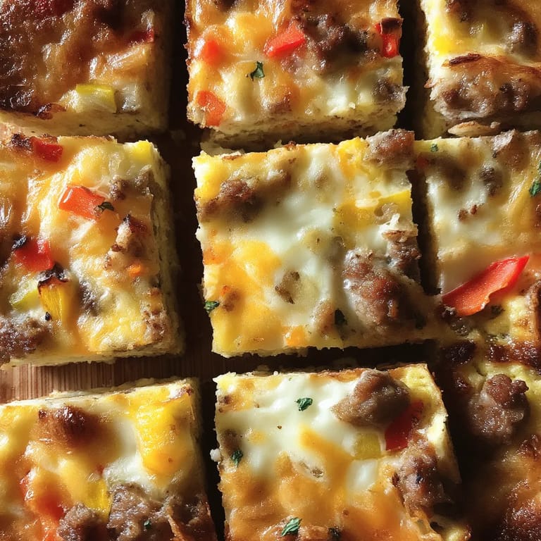 A square of food with a slice of cheese and peppers.