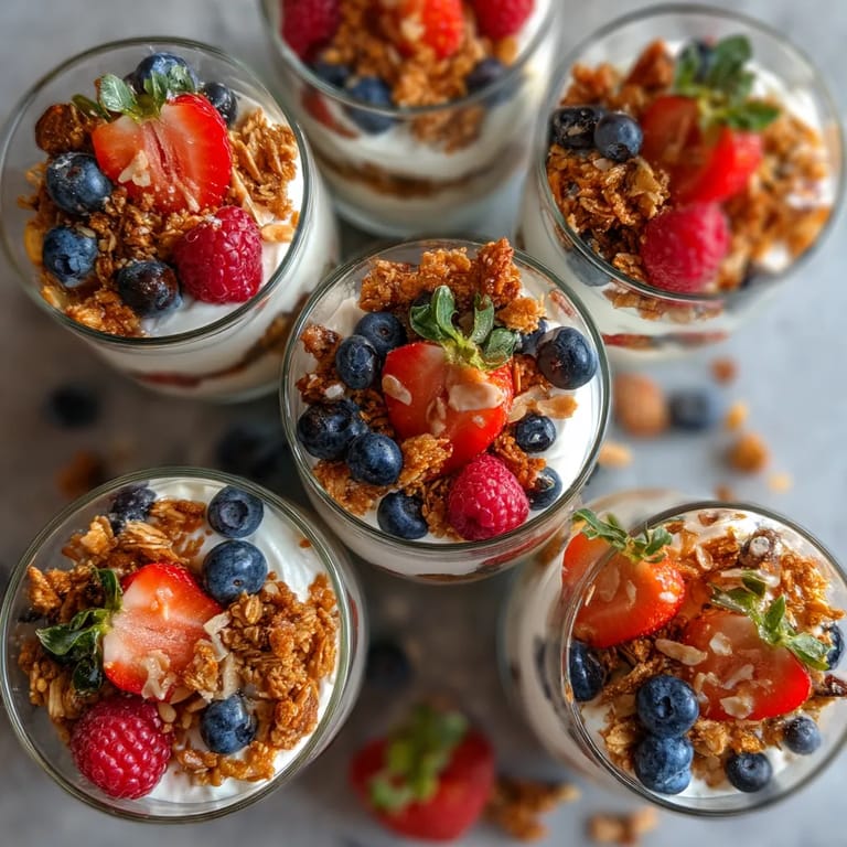 Six glasses of yogurt with berries and granola.