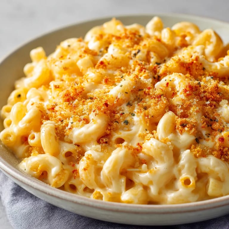 A bowl of macaroni and cheese.
