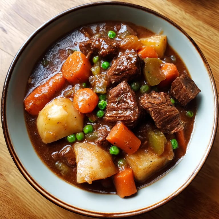 A bowl of stew with meat and vegetables.