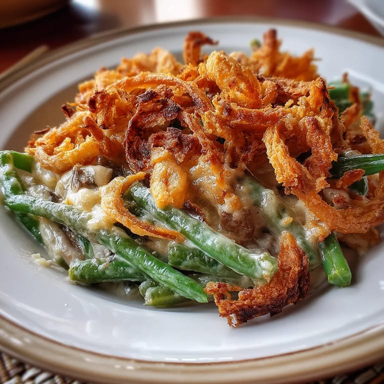 A plate of food with fried onions on top.