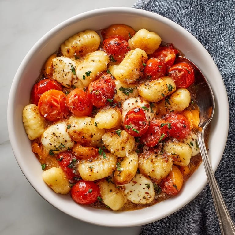 A bowl of pasta with tomatoes and basil.