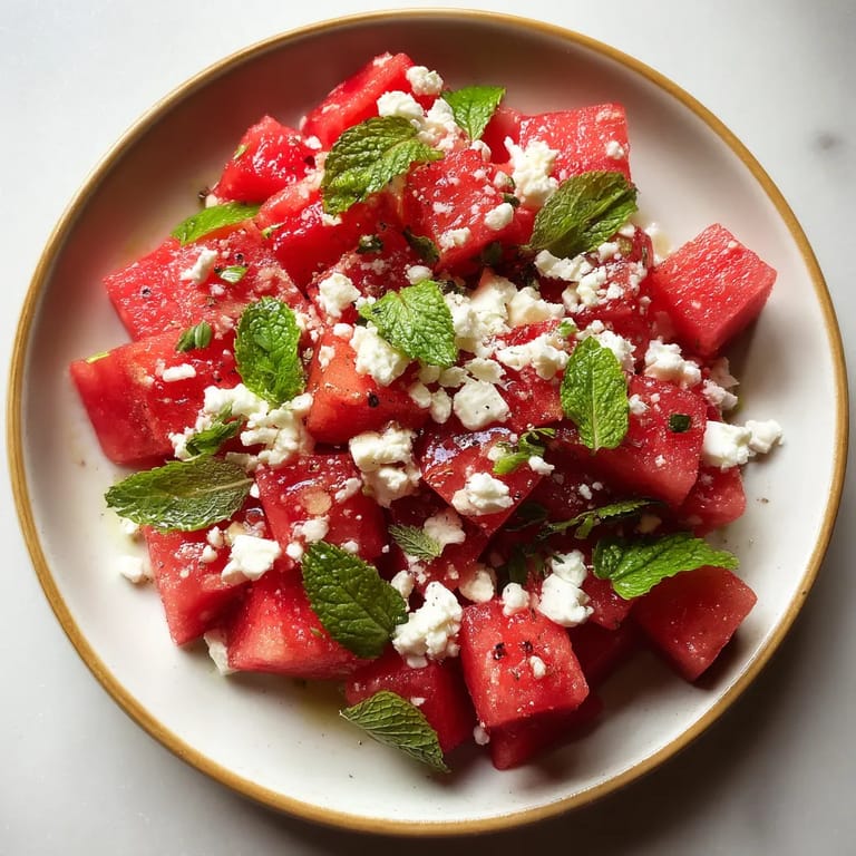 A plate of watermelon with feta cheese.