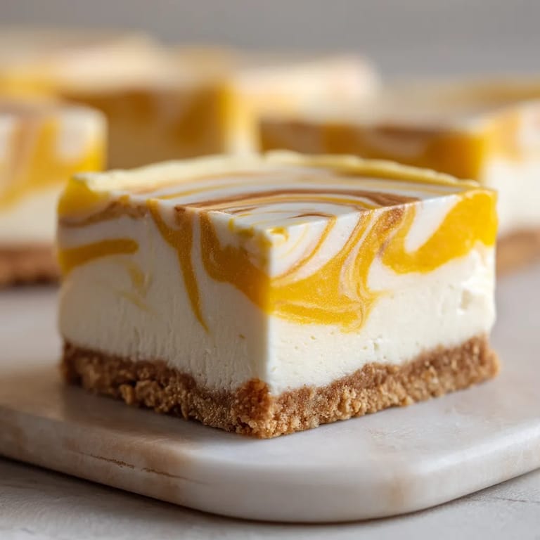 A slice of cheesecake with a yellow swirl.