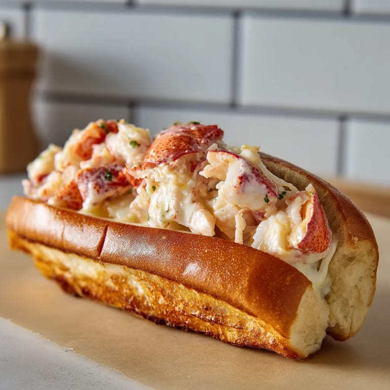 A lobster roll with a piece of lobster on top.