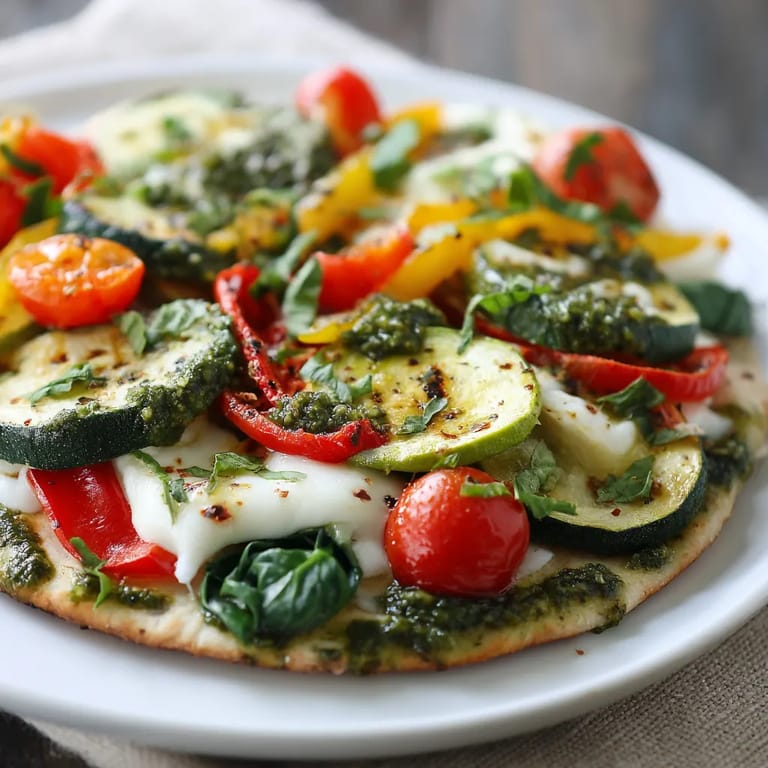 A plate of food with tomatoes, zucchini, and basil.