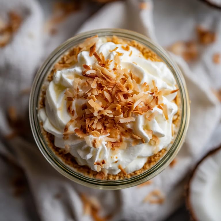 A glass of whipped cream with coconut on top.