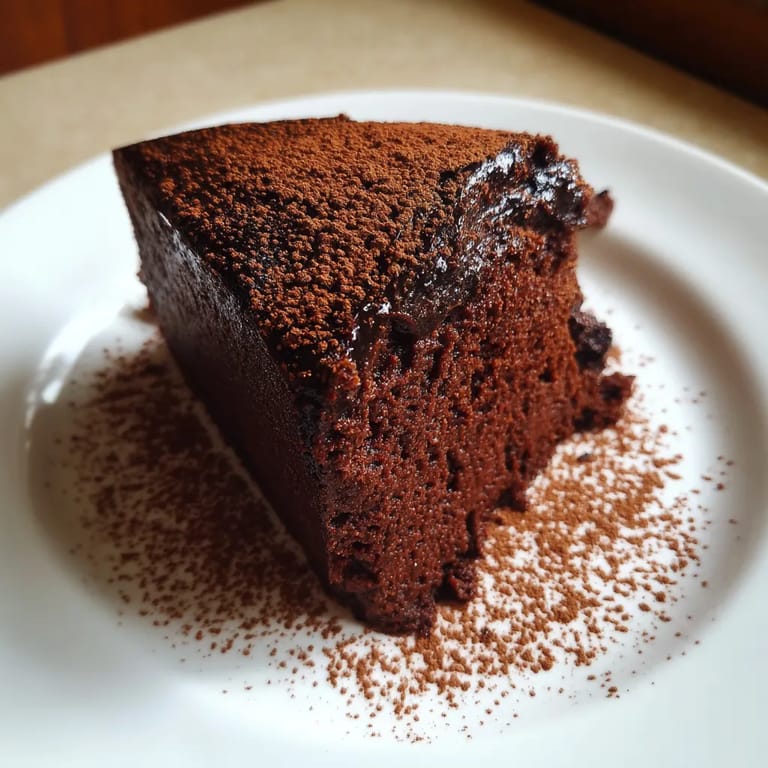 A slice of chocolate cake with chocolate chips on a plate.