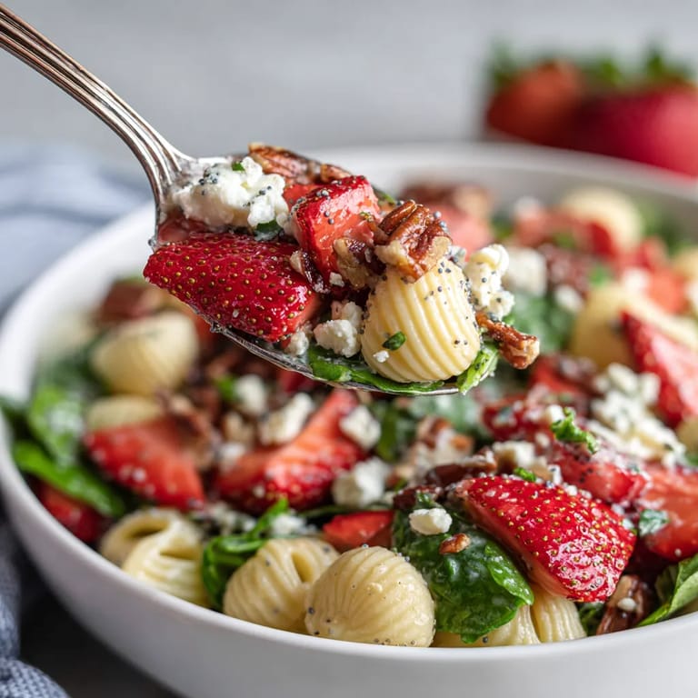 A fork is in a bowl of pasta salad.