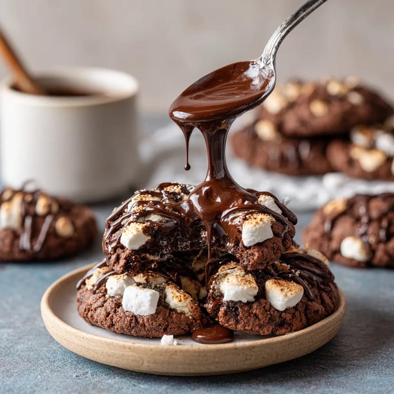 Chocolate drizzled over marshmallows.