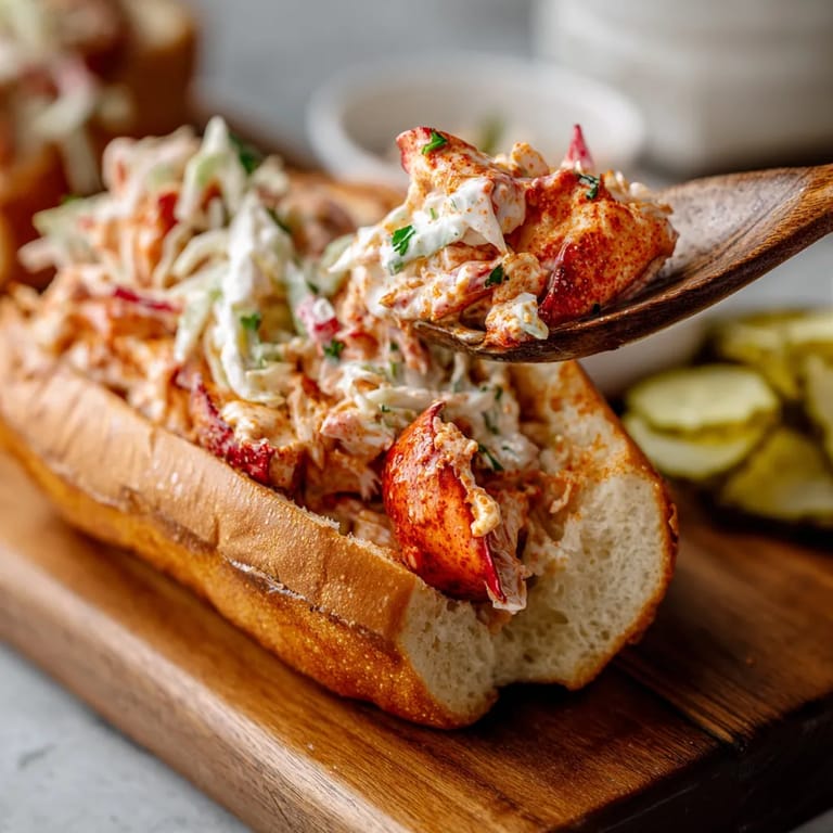 A sandwich with lobster and coleslaw on a wooden cutting board.
