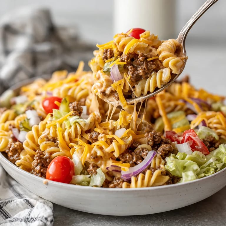 A bowl of pasta with meat and vegetables.