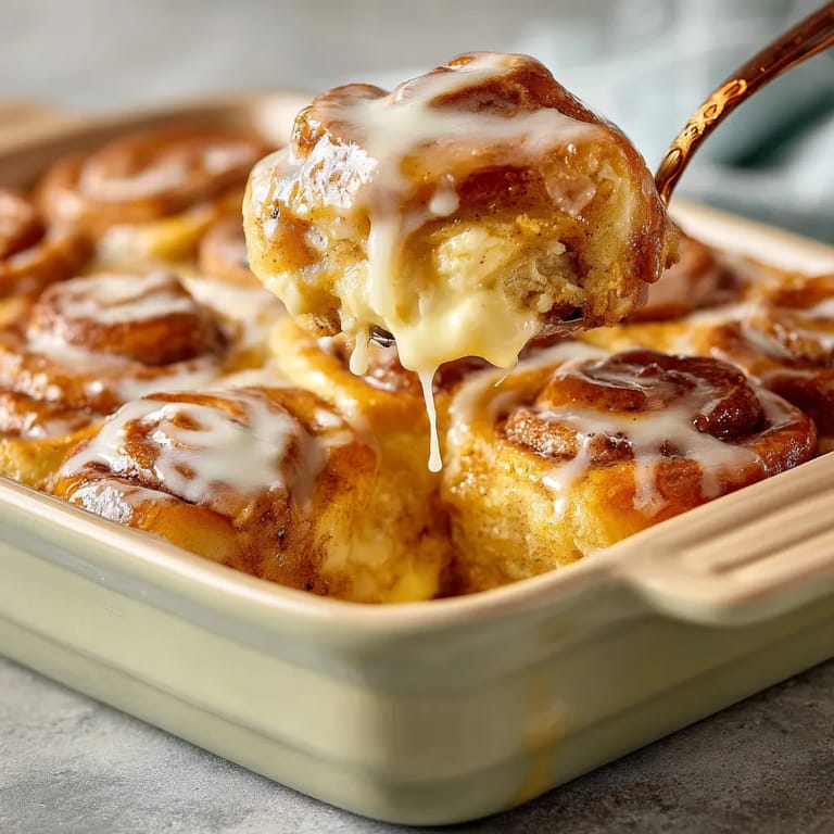 A fork is dipping into a plate of cinnamon rolls.