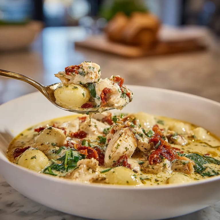 A spoon is in a bowl of soup.