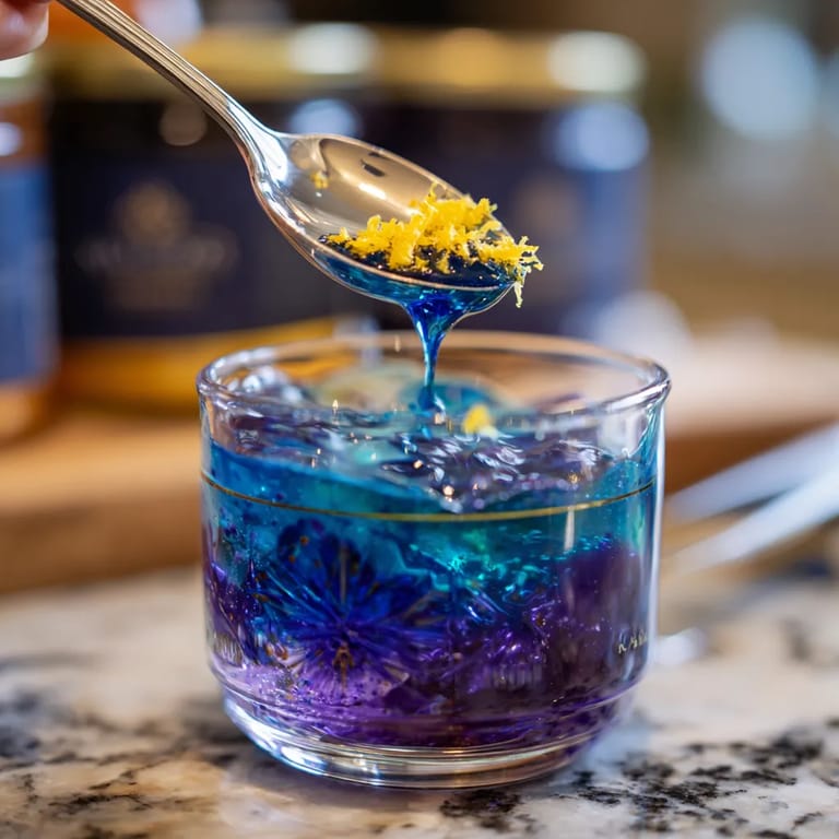 A spoon is in a glass of blue liquid.