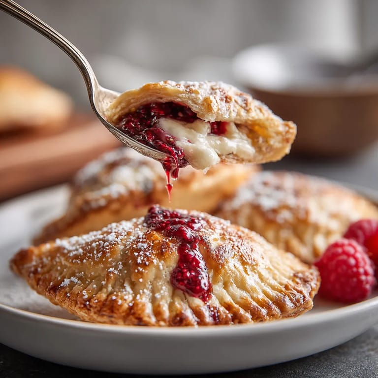 A pastry with raspberry jam is being eaten.