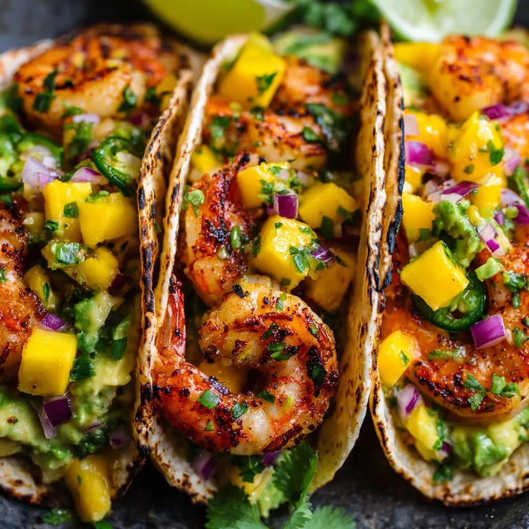 Two tacos with shrimp and pineapple.