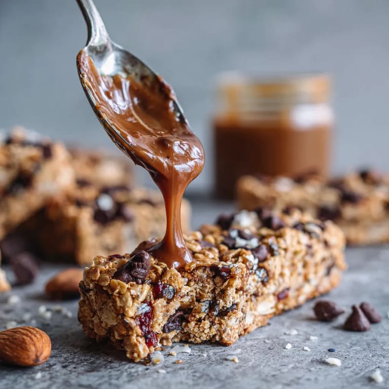 A spoonful of chocolate syrup on a granola bar.