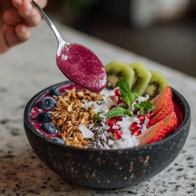 A bowl of fruit with a spoon in it.