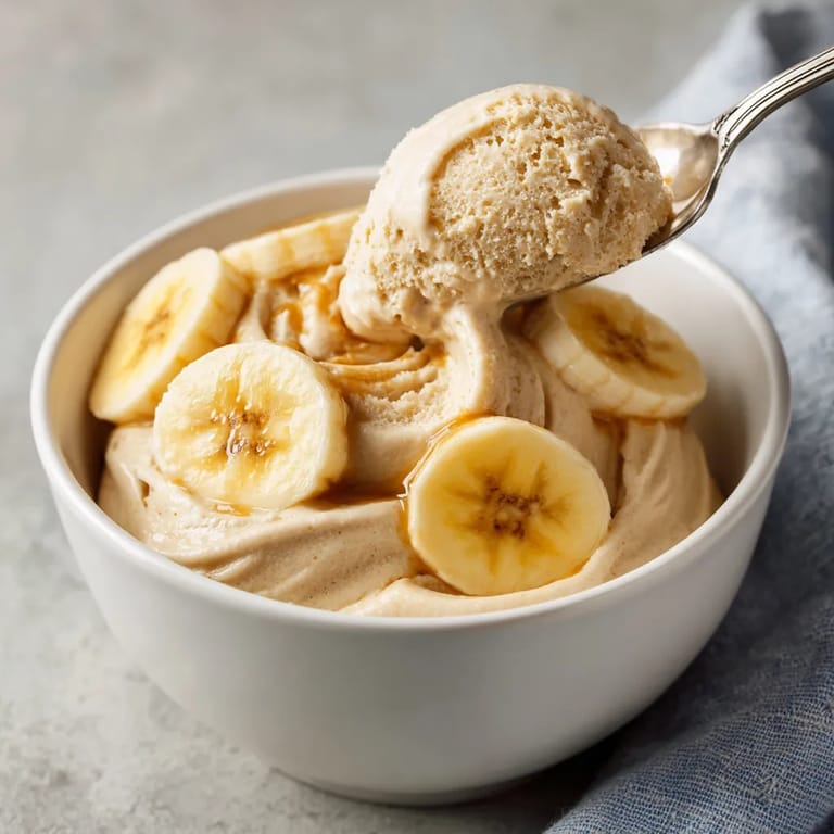 A spoon is in a bowl of banana ice cream.