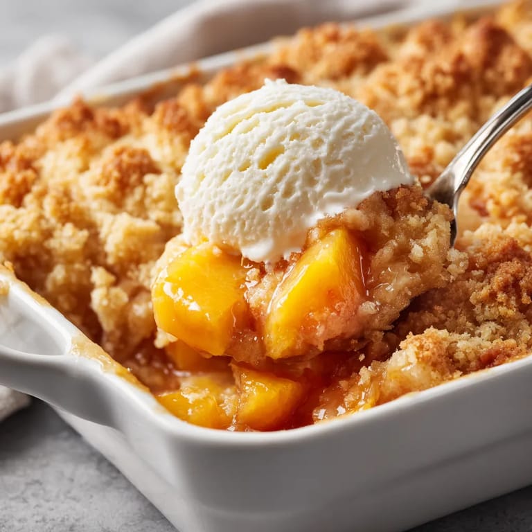 A bowl of peach cobbler with a scoop of ice cream on top.