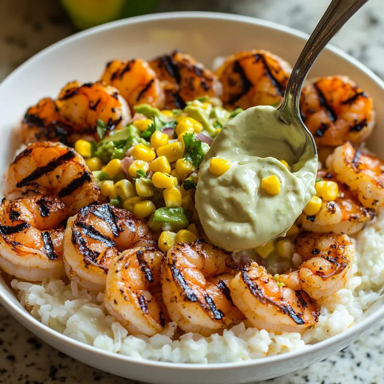 A bowl of shrimp and rice with a spoon in it.