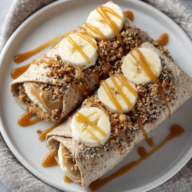 A plate with a banana and peanut butter wrapped in a tortilla.