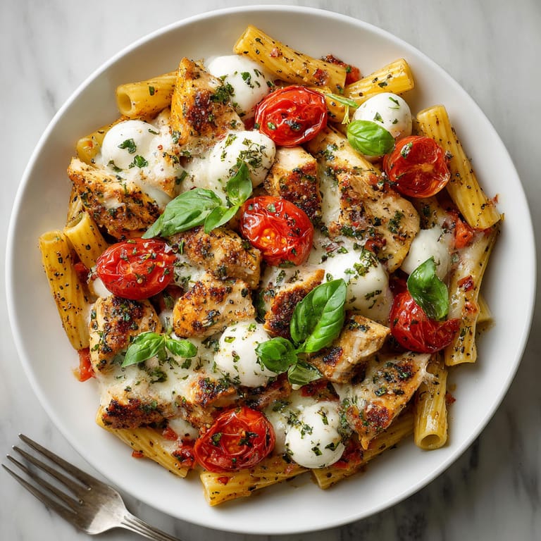 A plate of chicken and pasta.