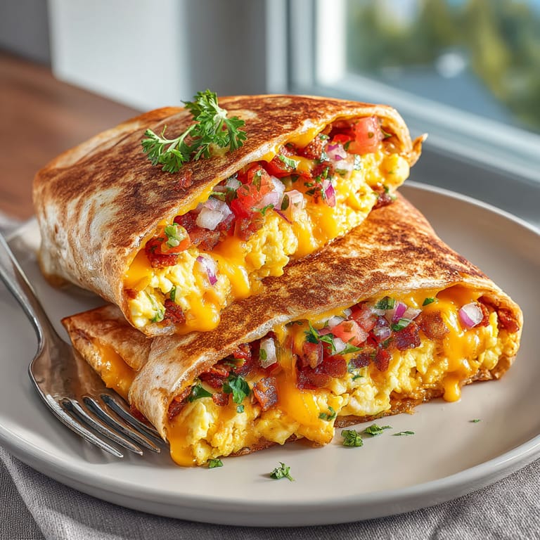 A breakfast burrito grilled cheese sandwich.