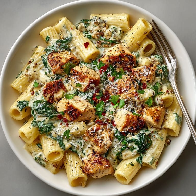 A bowl of creamy garlic chicken pasta.