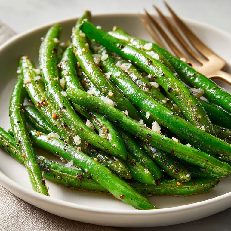A plate of green beans with salt and pepper.