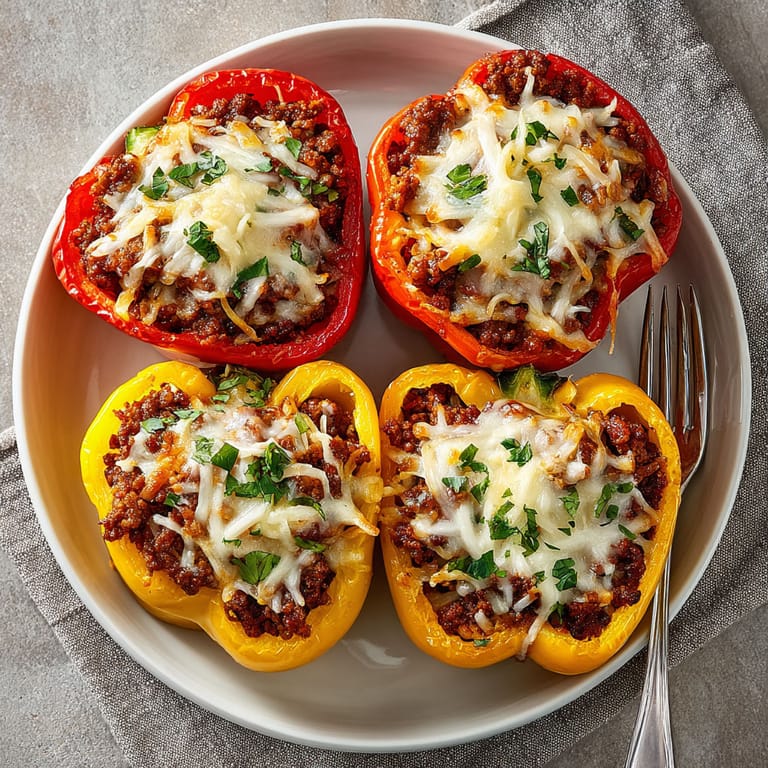 A plate of stuffed bell peppers with cheese and herbs.