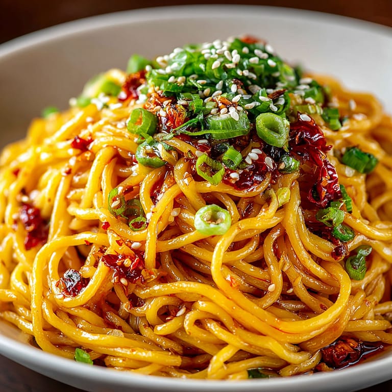 A bowl of noodles with vegetables on top.