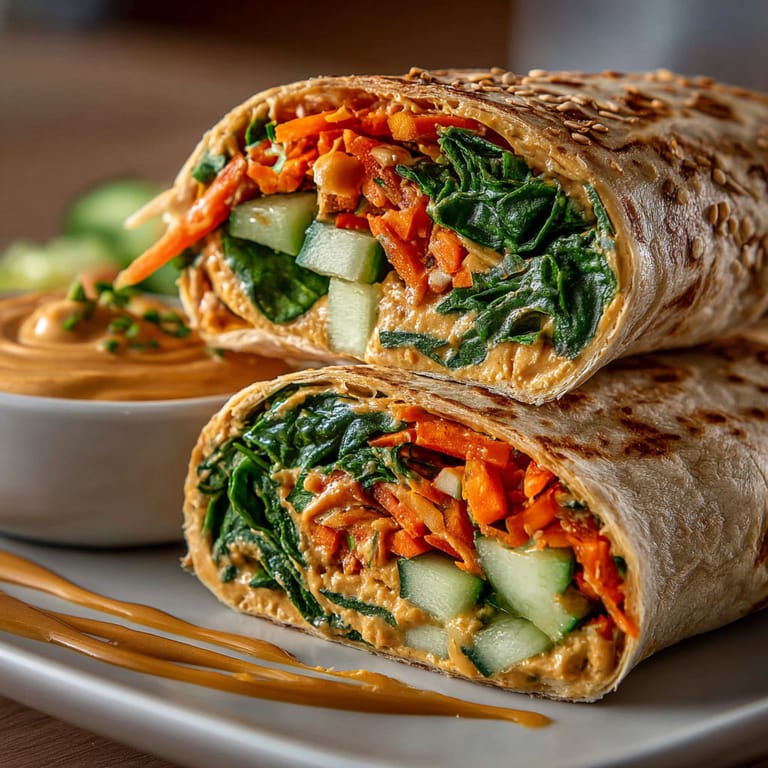 A Thai Peanut Hummus Wrap is served with a side of hummus.