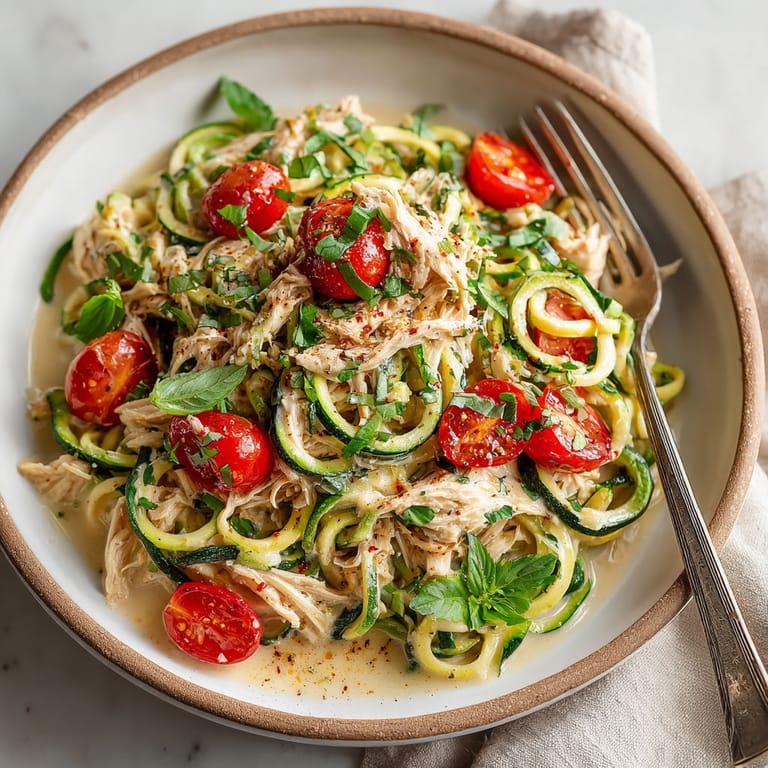 A bowl of food with tomatoes, zucchini, and chicken.