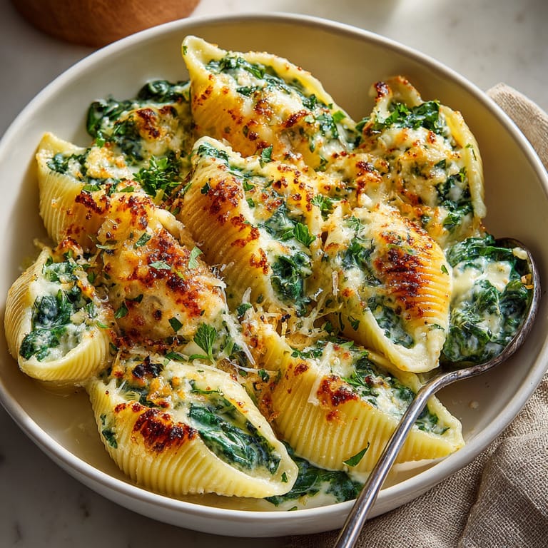 A bowl of pasta with cheese and spinach.