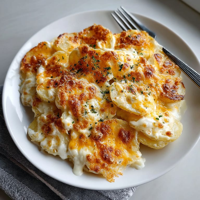A plate of Alfredo Potato Gratin.