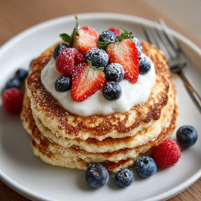 A stack of pancakes with strawberries and blueberries on top.