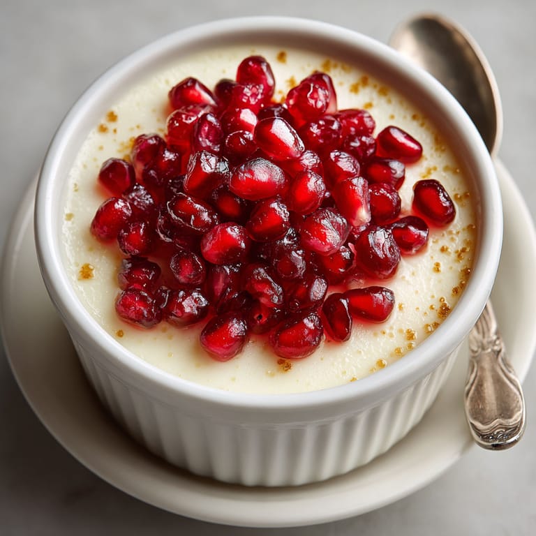 A bowl of panna cotta with pomegranate seeds on top.