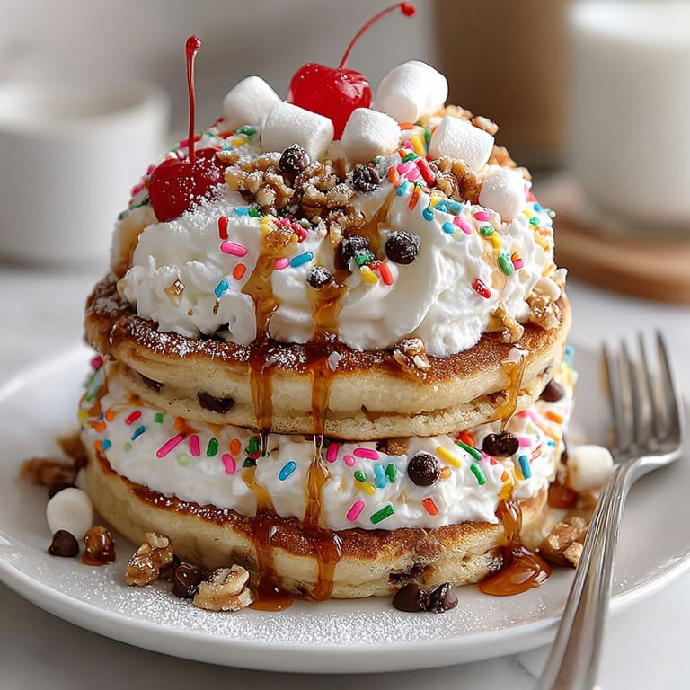 A stack of pancakes with chocolate chips and marshmallows on top.