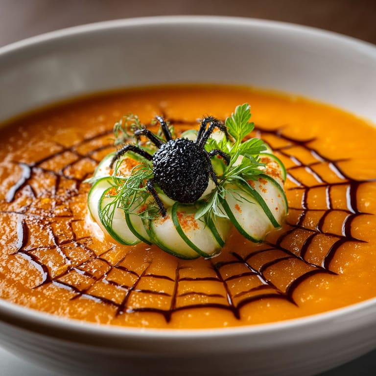 A bowl of soup with a spider on top.
