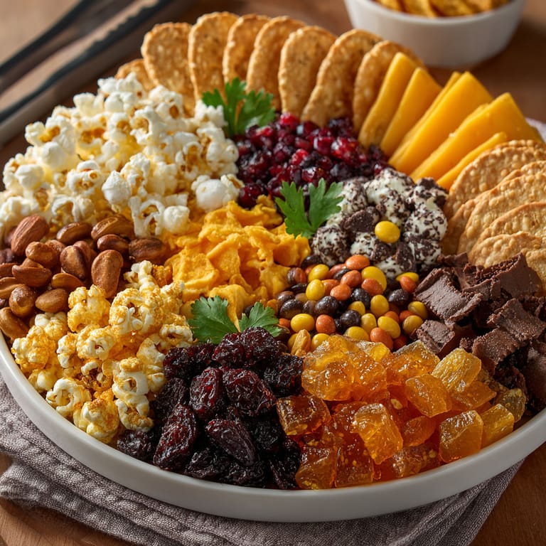 A white bowl filled with a variety of snacks.