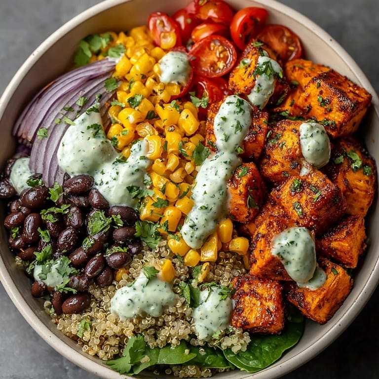 Hearty Sweet Potato Black Bean Power Bowls drizzled with creamy avocado crema served fresh.
