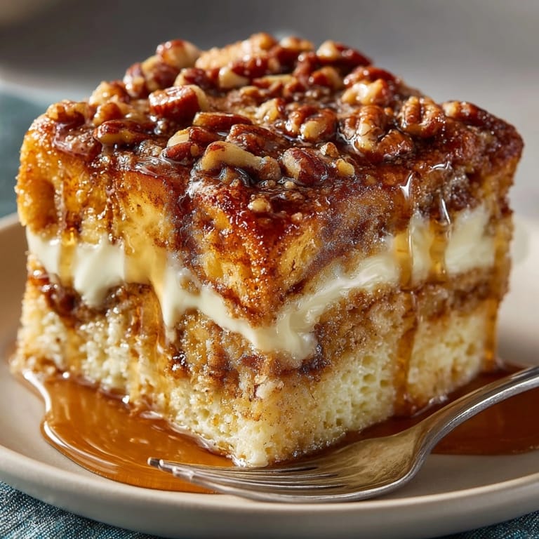 Close-up of Maple-Pecan Overnight French Toast Bake showing rich custard-soaked brioche and toasted pecans.